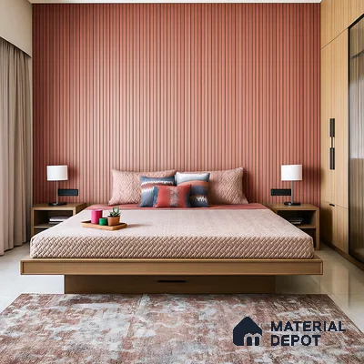 Modern bedroom with terracotta fluted wall panels and light oak laminate furniture of 4 BHK apartment in Sobha Windsor Whitefield in Bengaluru