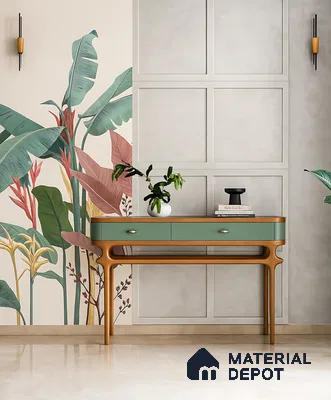 Mid-century modern foyer with tropical wallpaper, sage green console, and beige marble floor tile of 4 BHK apartment in Sobha Windsor Whitefield in Bengaluru