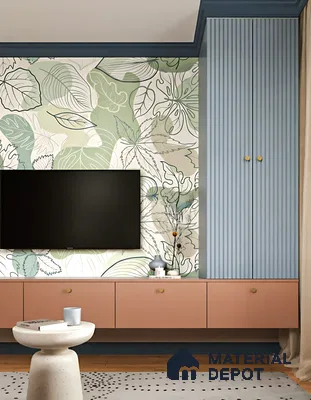 Modern TV unit with pastel blue fluted panels, blush pink laminate, and botanical patterned wallpaper of 4 BHK apartment in Sobha Windsor Whitefield in Bengaluru