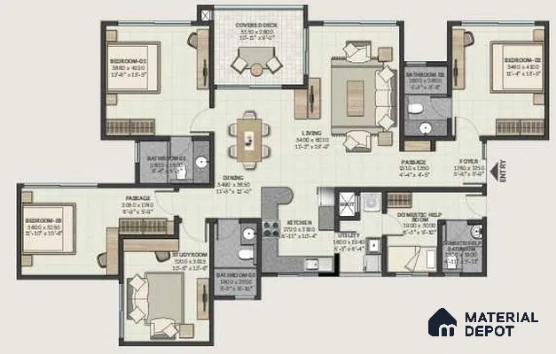 Modern apartment floor plan with tiled flooring and open plan living-dining layout of 4 BHK apartment in Sobha Windsor Whitefield in Bengaluru