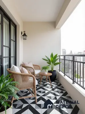 Scandinavian balcony with geometric black-and-white floor tiles and rattan furniture