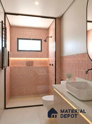 Modern bathroom with blush pink textured wall tiles and white quartz countertop