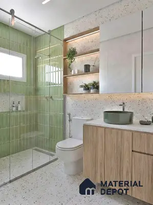 Scandinavian bathroom with green kitkat subway wall tiles, terrazzo floor and wall tiles, and light oak laminate vanity