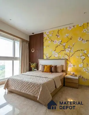 Modern bedroom with yellow floral wallpaper, wooden louver panel, and beige marble flooring