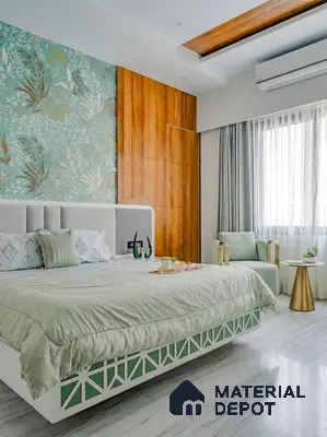 Modern bedroom with floral wallpaper, natural wood panel, and pastel green accents