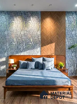 Mid-century modern bedroom with floral wallpaper, herringbone wood panel accent, and wooden flooring