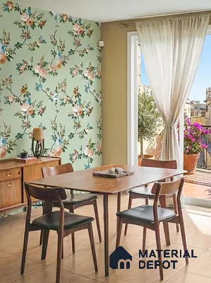 Mid-century modern dining room with floral wallpaper and natural wood furniture