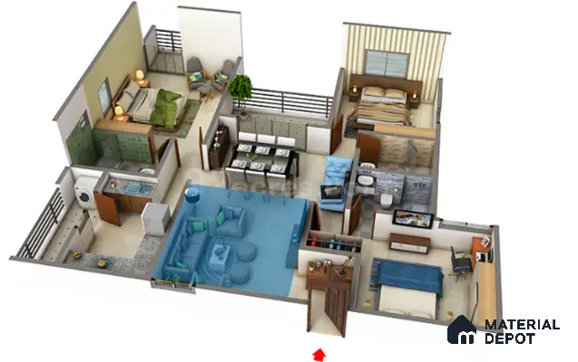 Modern living room with beige floor tiles, blue accent sofa, and open plan layout