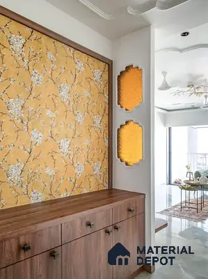 Eclectic foyer with floral wallpaper, walnut wood laminate cabinetry, and decorative backlit panels