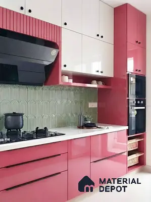 Modern dual tone kitchen with pink high gloss laminate, frosty white laminate, and sage green geometric backsplash tile