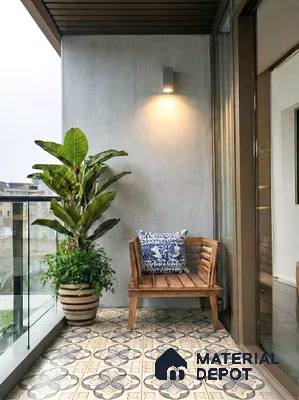 Scandinavian balcony with patterned encaustic floor tiles and wooden bench seating