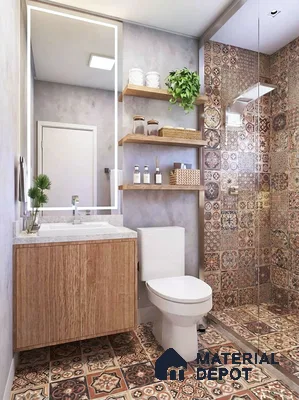 Eclectic bathroom with patterned moroccan tiles, wood vanity, and concrete finish walls