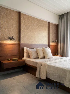 Scandinavian bedroom with walnut wood laminate, beige patterned wallpaper, and grey floor tiles