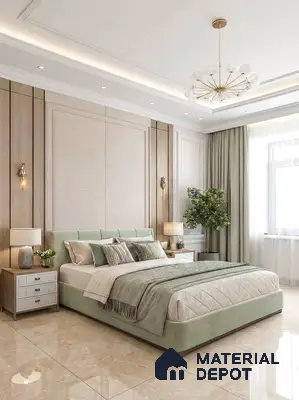 Modern bedroom with sage green upholstered bed, beige marble floor tiles, and wood panel accent wall