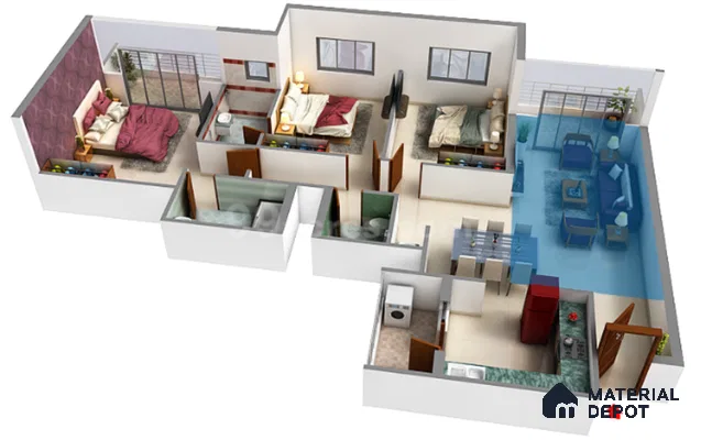 Modern Floor Plan with glossy beige floor tiles, blue fabric sofa, and open plan layout