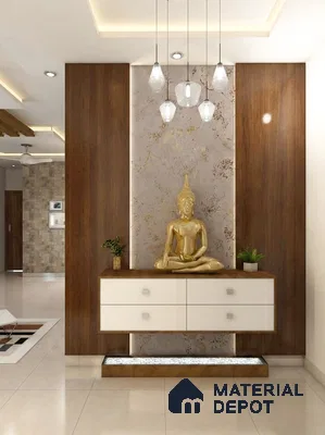 Modern pooja room with walnut wood laminate, frosty white laminate drawers, and marble-look backlit accent wall