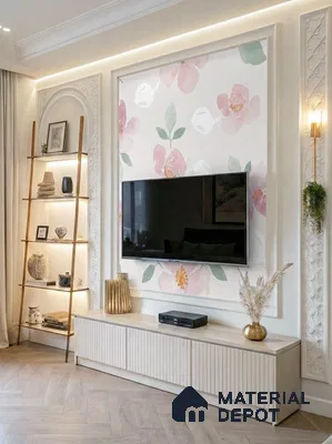 Modern living room TV unit with floral wallpaper, fluted cabinet, and light wood herringbone flooring