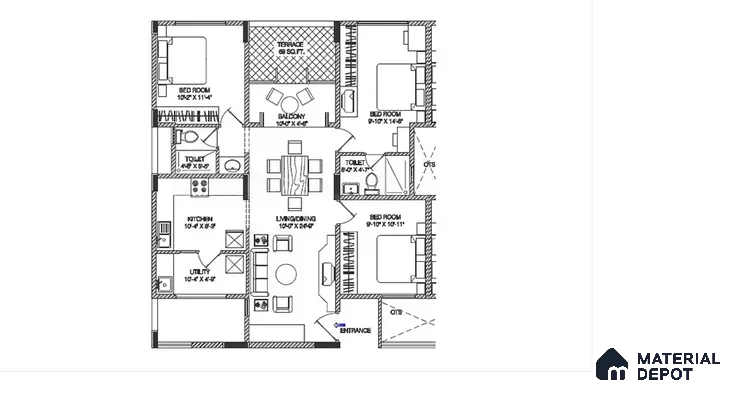 Modern 3BHK apartment floor plan with kitchen, living, bedrooms, balcony, and utility layout of 3 BHK apartment in Shriram Sameeksha Jalahalli Bengaluru