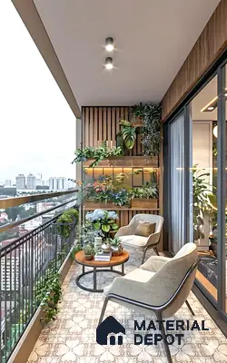 Modern balcony with patterned floor tiles, wooden louvers, and vertical garden of 3 BHK apartment in Shriram Sameeksha Jalahalli Bengaluru