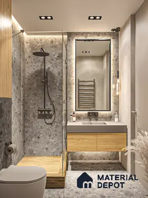 Modern bathroom with grey terrazzo tiles, light wood floating vanity, and matte black fixtures of 3 BHK apartment in Shriram Sameeksha Jalahalli Bengaluru