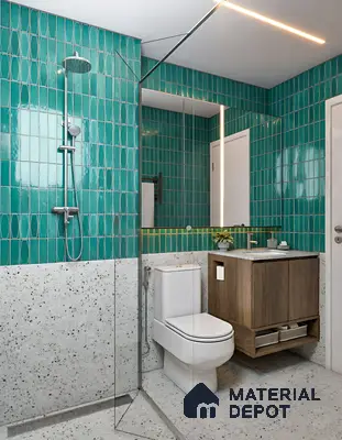 Modern bathroom with turquoise geometric subway wall tiles, terrazzo floor and wall tiles, and wood vanity of 3 BHK apartment in Shriram Sameeksha Jalahalli Bengaluru