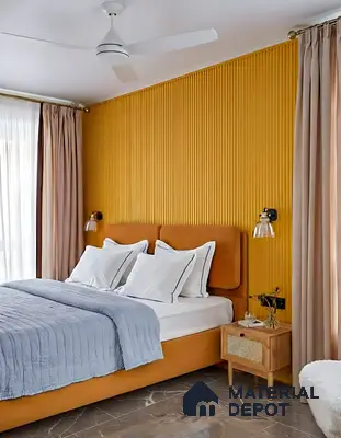 Modern bedroom with mustard yellow fluted wall panels and marble look floor tiles of 3 BHK apartment in Shriram Sameeksha Jalahalli Bengaluru