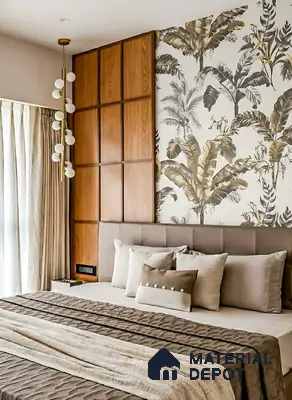 Modern bedroom with tropical wallpaper, natural wood panel headboard, and neutral beige palette of 3 BHK apartment in Shriram Sameeksha Jalahalli Bengaluru