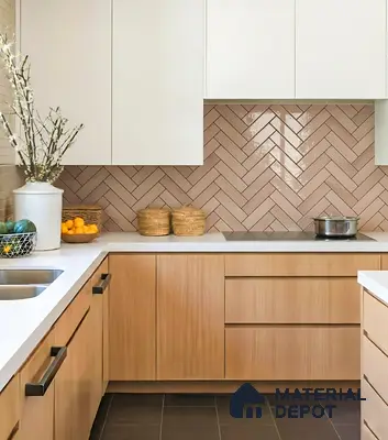 Scandinavian kitchen with white laminate cabinets, light oak wood laminate, and beige herringbone subway tile backsplash of 3 BHK apartment in Shriram Sameeksha Jalahalli Bengaluru