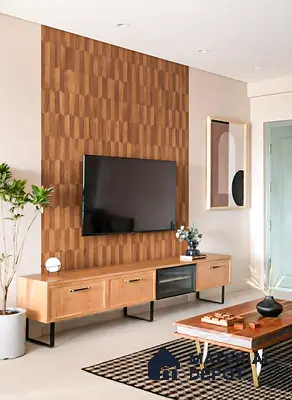 Mid-century modern living room with geometric wood panel TV wall and oak laminate TV unit of 3 BHK apartment in Shriram Sameeksha Jalahalli Bengaluru
