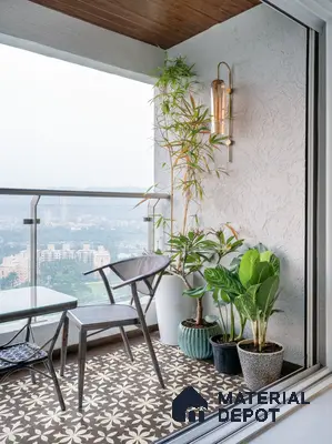Modern balcony with patterned floral floor tiles and wooden ceiling panel