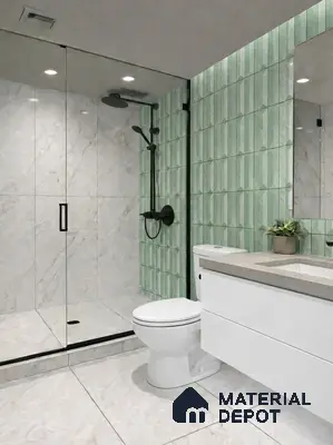 Modern bathroom with green geometric wall tiles and marble-look floor and wall tiles