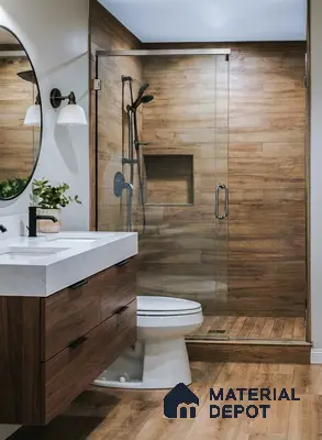 Modern bathroom with wood-look tiles, walnut vanity, and white quartz countertop