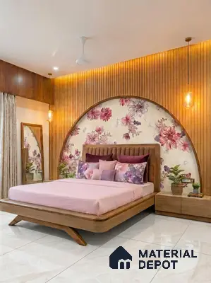 Modern bedroom with floral wallpaper, wooden fluted panels, and marble floor tiles