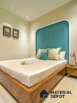 Modern bedroom with teal fluted wall panel and natural wood bed frame