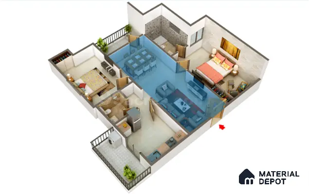 Modern Floor Plan with beige floor tiles and contemporary furniture