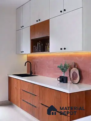 Modern dual tone kitchen with white laminate, wood laminate, and terracotta geometric backsplash tile