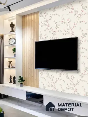 Modern TV unit with floral wallpaper, light wood fluted panels, and white laminate cabinetry