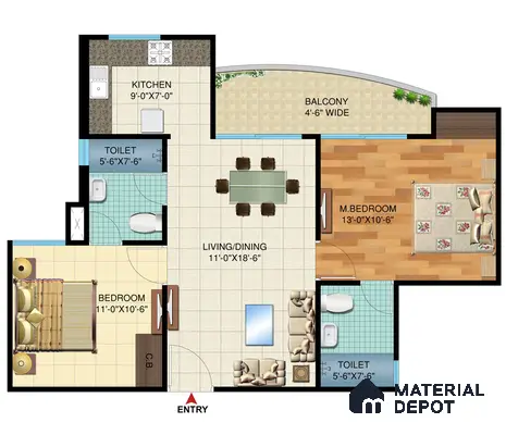 Modern living and dining area with cream floor tiles and glass dining table in open plan layout