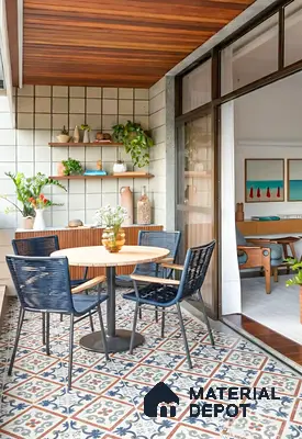 Scandinavian balcony with patterned moroccan floor tiles and wooden ceiling panels