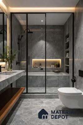 Modern bathroom with grey marble-look tiles and floating marble vanity