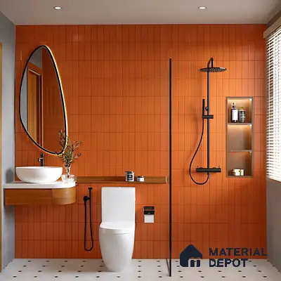 Modern bathroom with terracotta vertical subway wall tiles and white geometric floor tiles