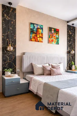 Modern bedroom with black marble laminate accent panels, beige textured wallpaper, and wooden flooring