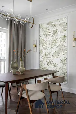 Modern dining room with tropical patterned wallpaper and walnut wood dining set