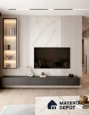 Modern TV unit with white marble laminate, fluted wall panels, and matte grey floating cabinet