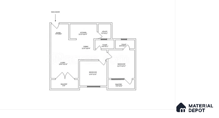 Modern apartment floor plan with foyer, kitchen, utility, dining, living, bedroom, balcony, and toilets