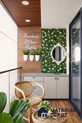 Scandinavian balcony with wood-look flooring, vertical garden wall, and rattan furniture