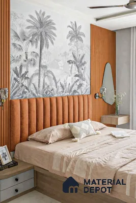 Japandi bedroom with suede upholstered headboard, wood fluted panels, and monochrome tropical wallpaper