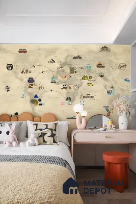 Scandinavian kids room with world map adventure wallpaper and pastel upholstered headboard