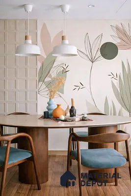 Scandinavian dining room with floral wallpaper, walnut wood dining set, and light wood flooring