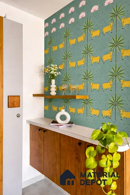Eclectic foyer with Indian patterned wallpaper, white countertop, and walnut wood laminate cabinets